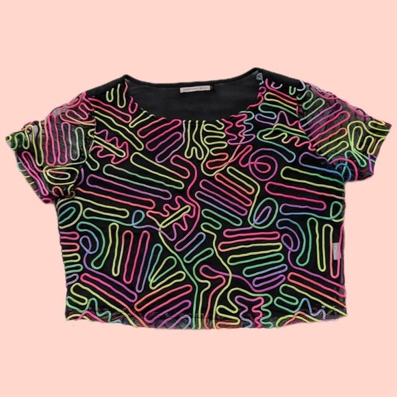 RARE Mustard Seed Rainbow Squiggle Mesh Crop Top - Picture 6 of 7
